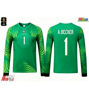 Brasil Alisson Becker #1 Portero Segunda Equipación Niños Mundial 2026 Manga Larga (+ Pantalones cortos)